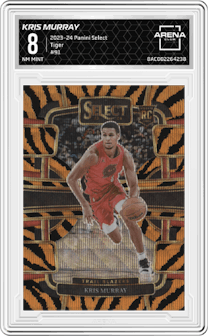 Kris Murray from the 2023-24 Panini Select  set featuring a Tiger parallel graded by Arena Club and given an overall grade of 8.