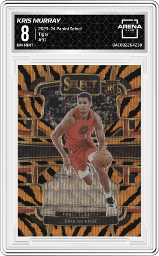 Kris Murray from the 2023-24 Panini Select  set featuring a Tiger parallel graded by Arena Club and given an overall grade of 8.