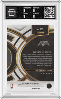 Devin Vassell from the 2023-24 Panini Select  set featuring a Tiger parallel graded by Arena Club and given an overall grade of 8.5.