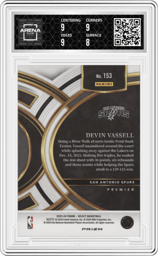 Devin Vassell from the 2023-24 Panini Select  set featuring a Tiger parallel graded by Arena Club and given an overall grade of 8.5.