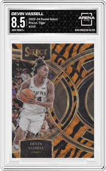 Devin Vassell from the 2023-24 Panini Select  set featuring a Tiger parallel graded by Arena Club and given an overall grade of 8.5.