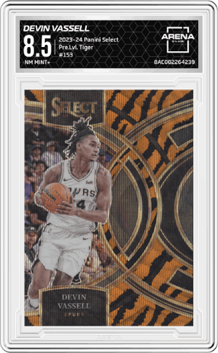 Devin Vassell from the 2023-24 Panini Select  set featuring a Tiger parallel graded by Arena Club and given an overall grade of 8.5.