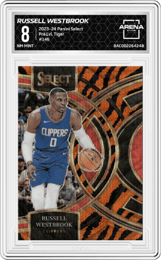 Russell Westbrook from the 2023-24 Panini Select  set featuring a Tiger parallel graded by Arena Club and given an overall grade of 8.