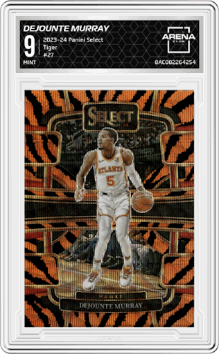 Dejounte Murray from the 2023-24 Panini Select  set featuring a Tiger parallel graded by Arena Club and given an overall grade of 9.