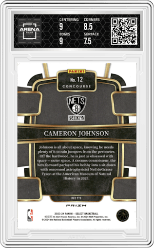 Cameron Johnson from the 2023-24 Panini Select  set featuring a Tiger parallel graded by Arena Club and given an overall grade of 8.