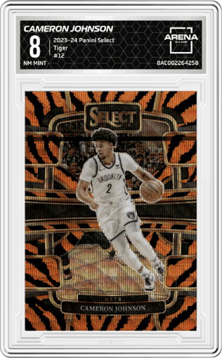 Cameron Johnson from the 2023-24 Panini Select  set featuring a Tiger parallel graded by Arena Club and given an overall grade of 8.
