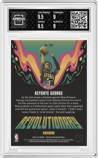 Keyonte George from the 2023-24 Panini Revolution set graded by Arena Club and given an overall grade of 9.5.