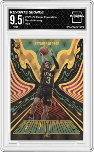 Keyonte George from the 2023-24 Panini Revolution set graded by Arena Club and given an overall grade of 9.5.