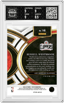 Russell Westbrook from the 2023-24 Panini Select  set featuring a Tiger parallel graded by Arena Club and given an overall grade of 9.