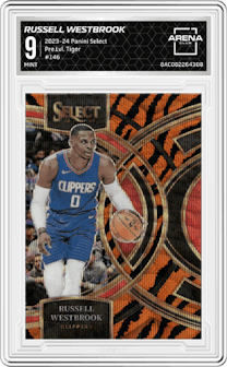 Russell Westbrook from the 2023-24 Panini Select  set featuring a Tiger parallel graded by Arena Club and given an overall grade of 9.