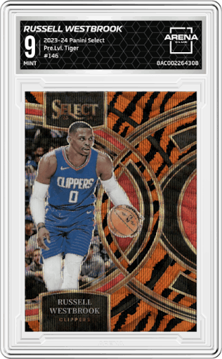 Russell Westbrook from the 2023-24 Panini Select  set featuring a Tiger parallel graded by Arena Club and given an overall grade of 9.