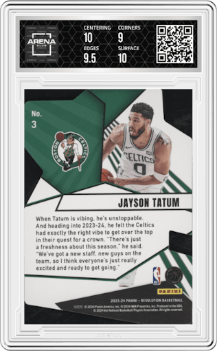 Jayson Tatum from the 2023-24 Panini Revolution set graded by Arena Club and given an overall grade of 9.5.