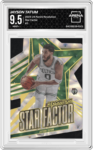 Jayson Tatum from the 2023-24 Panini Revolution set graded by Arena Club and given an overall grade of 9.5.
