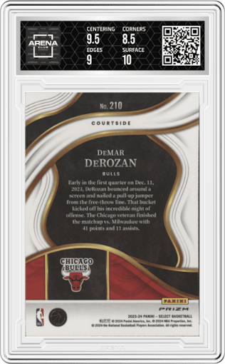 DeMar DeRozan from the 2023-24 Panini Select  set featuring a Zebra Prizm parallel graded by Arena Club and given an overall grade of 9.