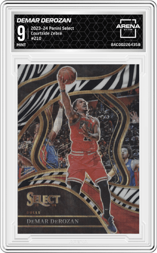 DeMar DeRozan from the 2023-24 Panini Select  set featuring a Zebra Prizm parallel graded by Arena Club and given an overall grade of 9.