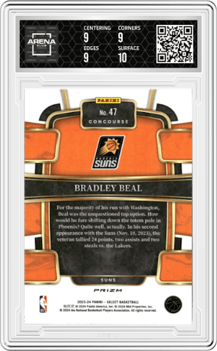 Bradley Beal from the 2023-24 Panini Select  set featuring a Elephant Prizm parallel graded by Arena Club and given an overall grade of 9.