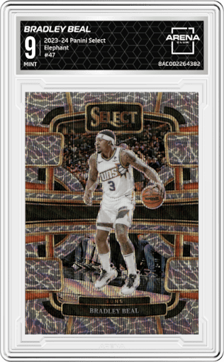 Bradley Beal from the 2023-24 Panini Select  set featuring a Elephant Prizm parallel graded by Arena Club and given an overall grade of 9.