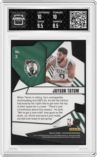 Jayson Tatum from the 2023-24 Panini Revolution set graded by Arena Club and given an overall grade of 9.