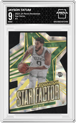 Jayson Tatum from the 2023-24 Panini Revolution set graded by Arena Club and given an overall grade of 9.