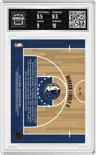 Dereck Lively II from the 2023-24 Panini Revolution set graded by Arena Club and given an overall grade of 9.