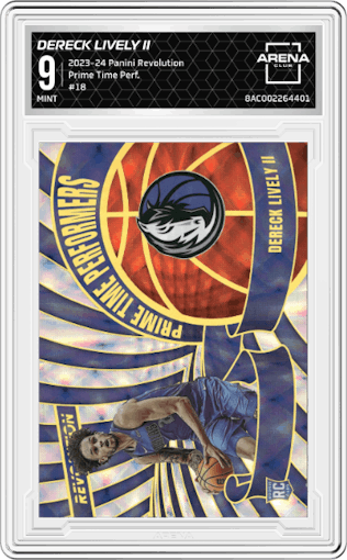 Dereck Lively II from the 2023-24 Panini Revolution set graded by Arena Club and given an overall grade of 9.