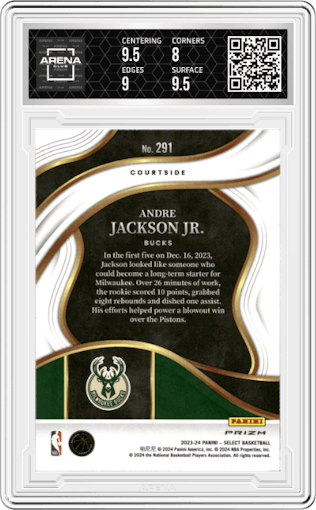 Andre Jackson Jr. from the 2023-24 Panini Select  set featuring a Tiger parallel graded by Arena Club and given an overall grade of 8.5.