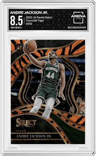 Andre Jackson Jr. from the 2023-24 Panini Select  set featuring a Tiger parallel graded by Arena Club and given an overall grade of 8.5.