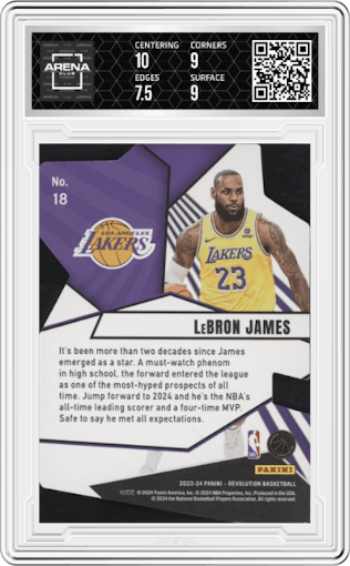 LeBron James from the 2023-24 Panini Revolution set graded by Arena Club and given an overall grade of 8.