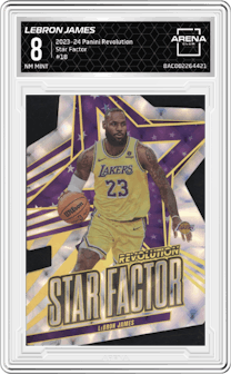 LeBron James from the 2023-24 Panini Revolution set graded by Arena Club and given an overall grade of 8.