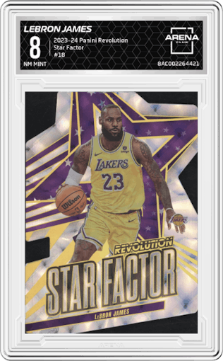 LeBron James from the 2023-24 Panini Revolution set graded by Arena Club and given an overall grade of 8.