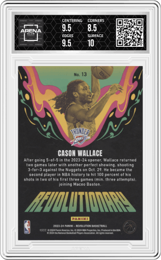 Cason Wallace from the 2023-24 Panini Revolution set graded by Arena Club and given an overall grade of 9.