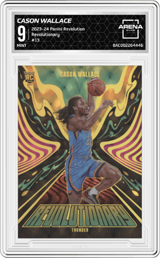 Cason Wallace from the 2023-24 Panini Revolution set graded by Arena Club and given an overall grade of 9.
