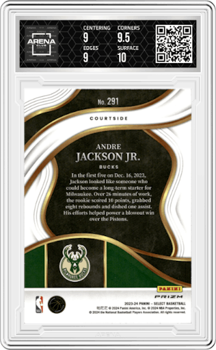 Andre Jackson Jr. from the 2023-24 Panini Select  set featuring a Zebra Prizm parallel graded by Arena Club and given an overall grade of 9.5.