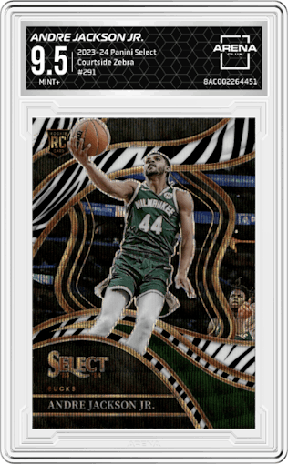 Andre Jackson Jr. from the 2023-24 Panini Select  set featuring a Zebra Prizm parallel graded by Arena Club and given an overall grade of 9.5.