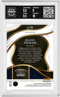 Brandon Ingram from the 2023-24 Panini Select  set featuring a Zebra Prizm parallel graded by Arena Club and given an overall grade of 9.5.