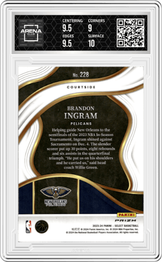 Brandon Ingram from the 2023-24 Panini Select  set featuring a Zebra Prizm parallel graded by Arena Club and given an overall grade of 9.5.