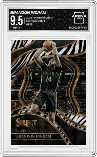 Brandon Ingram from the 2023-24 Panini Select  set featuring a Zebra Prizm parallel graded by Arena Club and given an overall grade of 9.5.