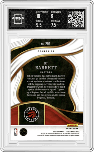 RJ Barrett from the 2023-24 Panini Select  set featuring a Tiger parallel graded by Arena Club and given an overall grade of 8.