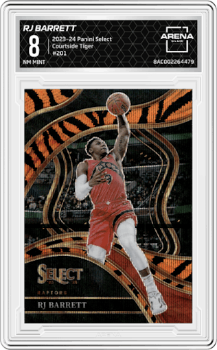 RJ Barrett from the 2023-24 Panini Select  set featuring a Tiger parallel graded by Arena Club and given an overall grade of 8.