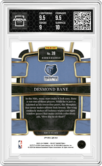 Desmond Bane from the 2023-24 Panini Select  set featuring a Tiger parallel graded by Arena Club and given an overall grade of 9.5.
