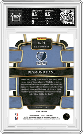 Desmond Bane from the 2023-24 Panini Select  set featuring a Tiger parallel graded by Arena Club and given an overall grade of 9.5.