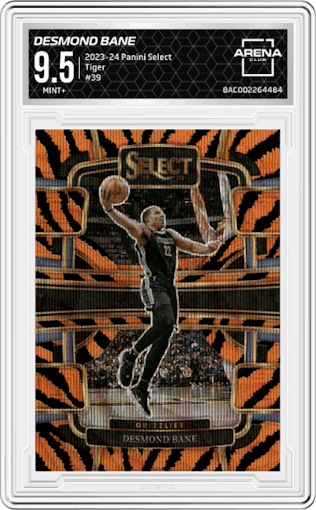 Desmond Bane from the 2023-24 Panini Select  set featuring a Tiger parallel graded by Arena Club and given an overall grade of 9.5.