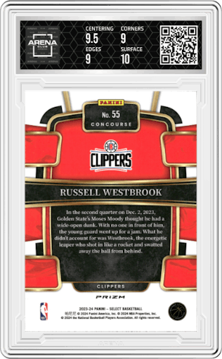 Russell Westbrook from the 2023-24 Panini Select  set featuring a Tiger parallel graded by Arena Club and given an overall grade of 9.5.