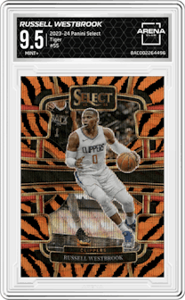 Russell Westbrook from the 2023-24 Panini Select  set featuring a Tiger parallel graded by Arena Club and given an overall grade of 9.5.