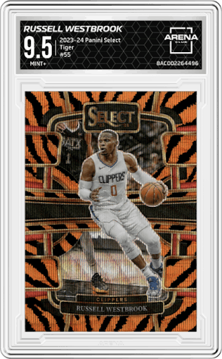Russell Westbrook from the 2023-24 Panini Select  set featuring a Tiger parallel graded by Arena Club and given an overall grade of 9.5.