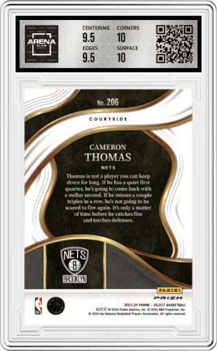 Cameron Thomas  from the 2023-24 Panini Select  set featuring a Tiger parallel graded by Arena Club and given an overall grade of 10.