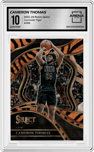 Cameron Thomas  from the 2023-24 Panini Select  set featuring a Tiger parallel graded by Arena Club and given an overall grade of 10.