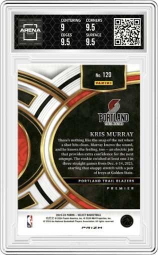 Kris Murray from the 2023-24 Panini Select  set featuring a Tiger parallel graded by Arena Club and given an overall grade of 9.5.