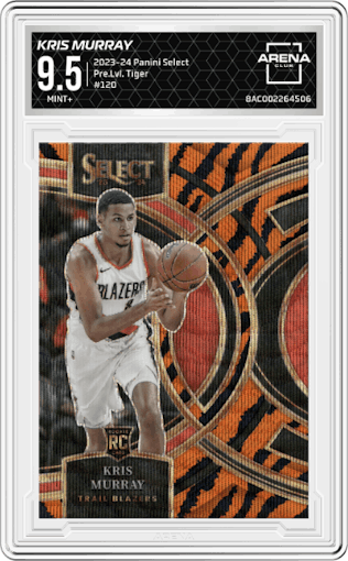 Kris Murray from the 2023-24 Panini Select  set featuring a Tiger parallel graded by Arena Club and given an overall grade of 9.5.