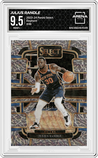 Julius Randle from the 2023-24 Panini Select  set featuring a Elephant Prizm parallel graded by Arena Club and given an overall grade of 9.5.